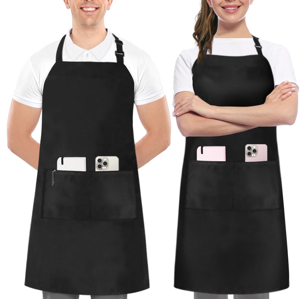 Utopia Kitchen Adjustable Bib Apron with 2 Pockets Waterdrop Resistant Chef Cooking Kitchen Aprons Women, Men with Long Ties, Black