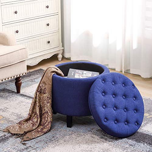 YAMASORO Fabric Cushion Button Lift Top Storage Footstool, Height 18 Inches Strudy Round Ottomans & Storage Ottomans, Blue