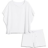 Bozanly Womens Loungewear Set Short Sleeve Top and Shorts Oversized 2 Piece Outfits Solid Color/Striped Matching Pajama Sets