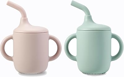 PandaEar 2 Pack Silicone Sippy Cups with Straw & Handles Pink Green
