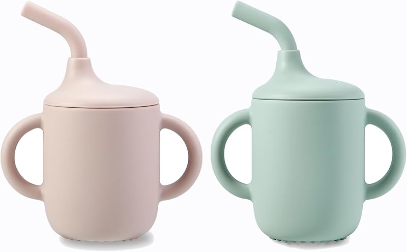 PandaEar 2 Pack Silicone Sippy Cups with Straw & Handles Pink Green