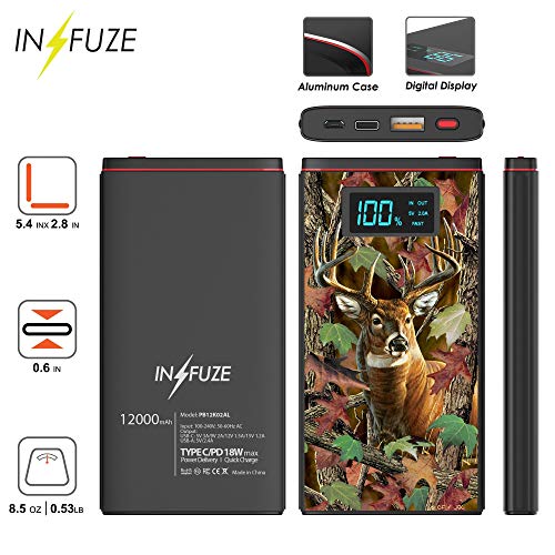 INFUZE-Slim-Pocket-Sized-12000mAh-Portable-Charger-Dual-USB-Output-Ports-USB-A-USB-C-18W-Quick-Charge-30-Fast-Charging-Power-Bank-Compatible-with-Coolpad-Legacy-2019-Deer-Hunter-Camo