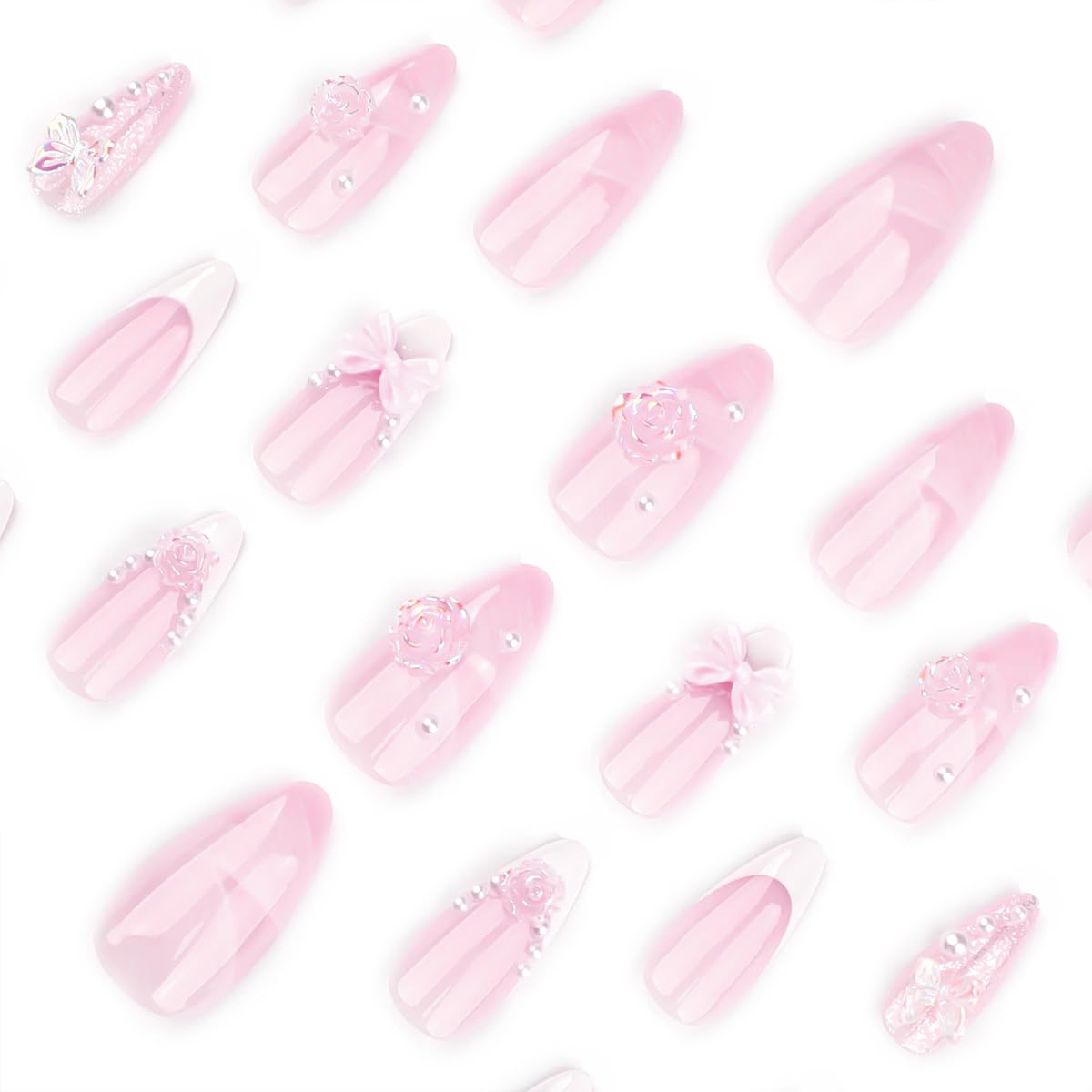 24Pcs Almond Press on Nails Medium French Tip Fake Nails Nude Pink Glue on Nails 3D Bow Pearl Flower Nail Kit False Nails with Ribbon Design Glitter Luxury Acrylic Nail Art Supplies for Women - Image 2
