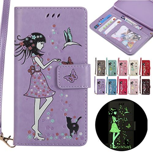 LEMORRY Samsung Galaxy J7 / J700F Case Leather Flip Wallet Pouch Slim Fit Bumper Protection Magnetic Strap Stand Card Slot Soft TPU Cover for Galaxy J7, Luminous Effect (Purple)