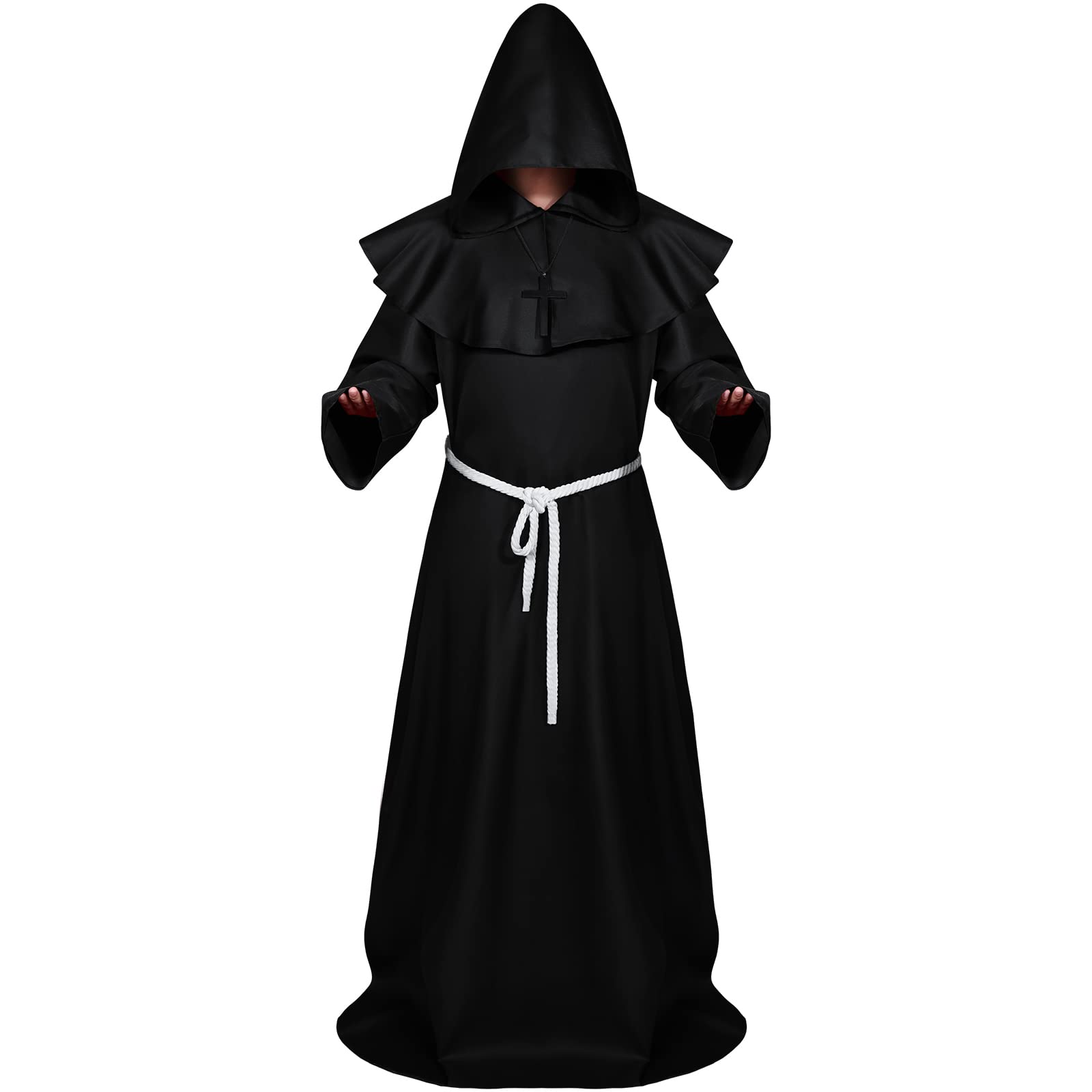 Sintege Halloween Monk Costume Medieval Hooded Monk Robe Renaissance Priest Robe Adult Wizard Costume(Medium,Black)