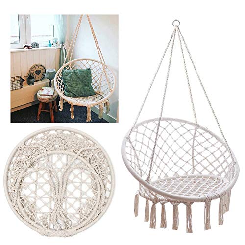 WANLECY Macrame Hammock Chair Home and Garden Beige Hanging Cotton Rope Chair for Relaxing Swing