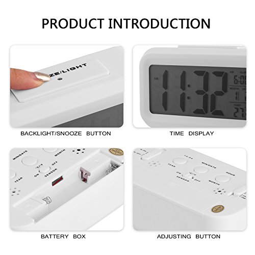Alarm Clock Digital LCD Large Display Battery Operated Portable Modern Smart Snooze Silent Backlight Senor Date Time Temperature Clock for Heavy Sleepers Bedroom Kitchen Office Travel (white)