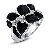 Angelady Women Girls Black Enamel Flower Austrian Crystals Cocktail Ring 18K Platinum / Rose Gold Plated