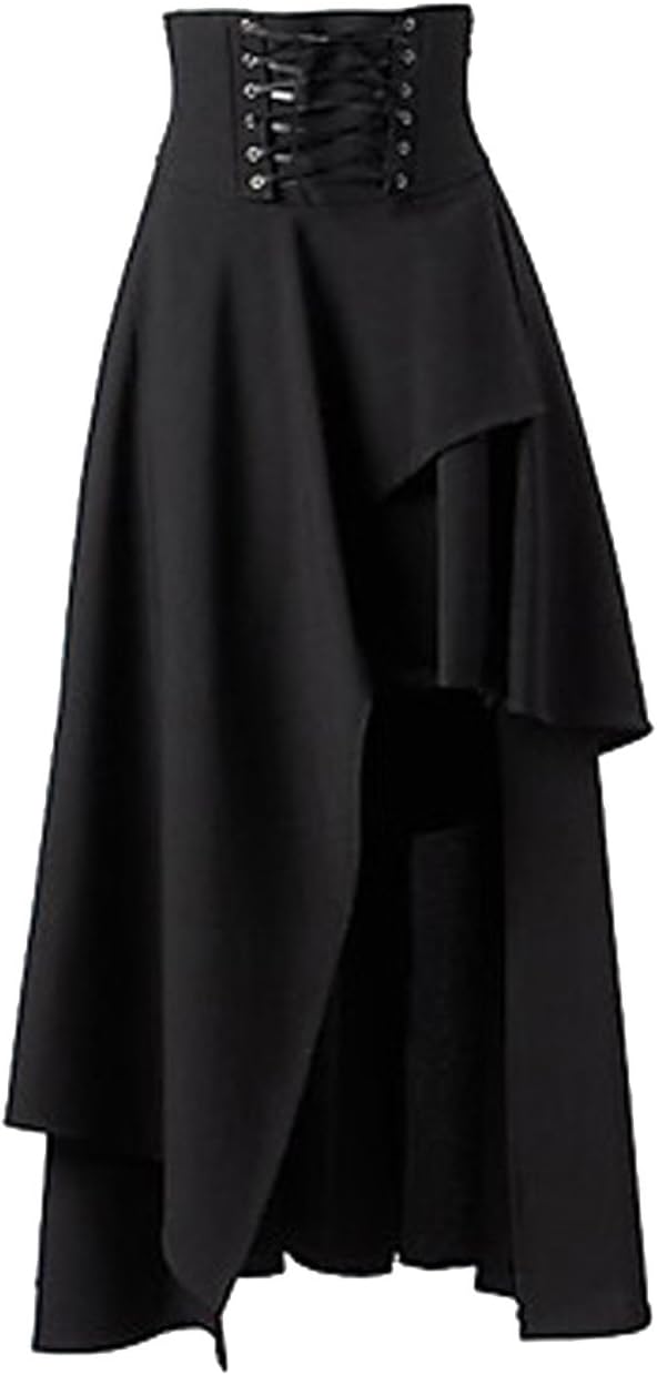 SBD Womens Retro Vintage Steam Punk Gothic Lolita Lace up Skirt Pure Black