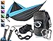 Double Camping Hammock- Best Lightweight & Portable Two Person Hammock Set –Aluminum Wiregate Carabiners, 2-16 Loop Tree Straps & Compression Strap- Holds 500 LBS -Ideal for Travel- Blue Edges