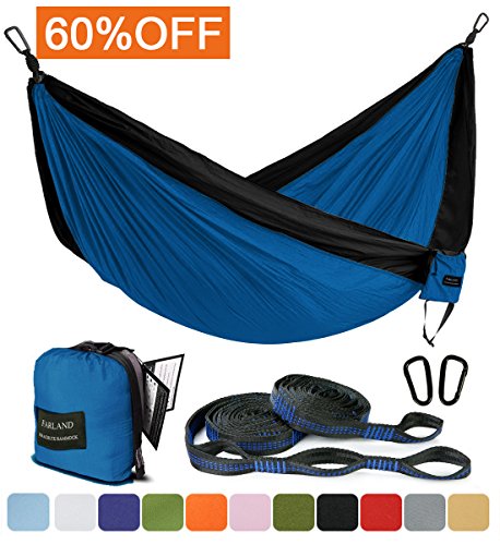 FARLAND Outdoor Camping Hammock - Portable Anti-fade Nylon Double Hammock with 2 Piece 16 Loop Straps by Parachute Lightweight Hammock for Hiking Backpacking