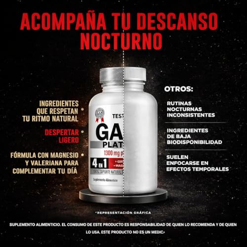 Gaba Platinum | Fórmula 4 En 1 | Gaba 750mg, Triptofano, Magnesio, Valeriana y Vit B1 | Apoyo a tu Rutina de Descanso | Testrol TSN 200 Cápsulas.