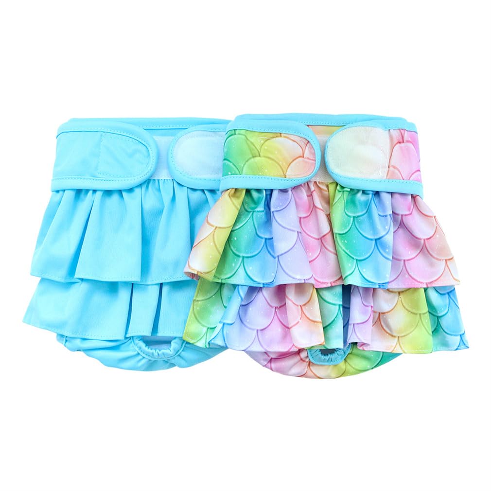 Reusable Female Dog Nappies, RURUOGUK 2 Pack Washable Dog Diapers Adjustable Doggie Sanitary Wraps Panties (Mermaid + Blue, M(36-51 cm))