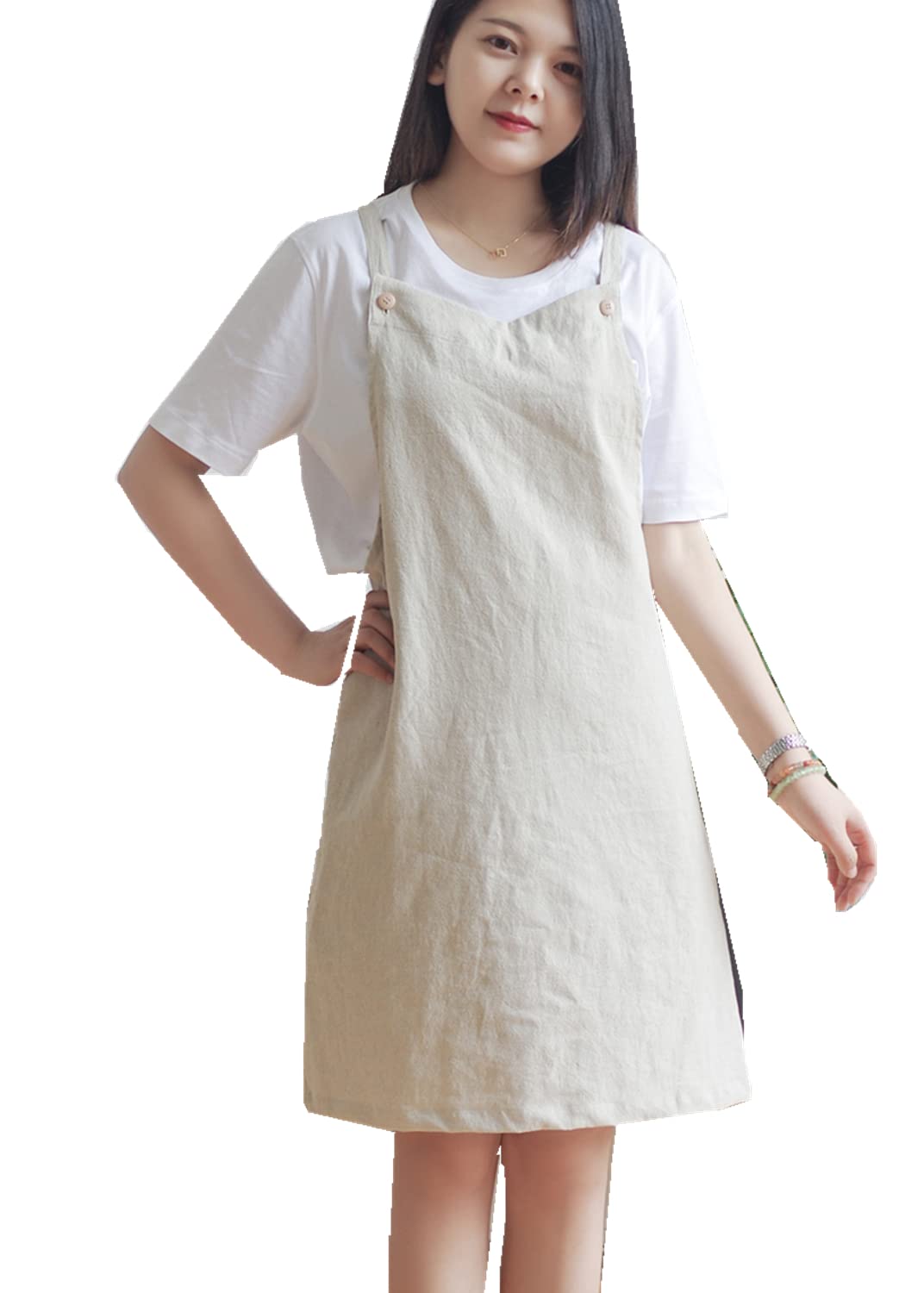 AOBBYBBS Adjustable Kitchen Apron Japan Style Cotton Linen with 2 Pockets Pinafore Apron For Women,Chef,Waitress,Hairstylist Fits for Grill,BBQ,Paint Cross Back H Shoulder Straps (Beige)