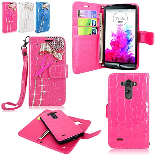 LG G3 Case - Cellularvilla Diamond Glitter Bow Design PU Leather Flip Wallet Pocket Card Slots Case and Detachable Hard Soft Back Cover with Hand Strap Wristlet Pouch for LG G3 (Hot Pink Bow Tie)