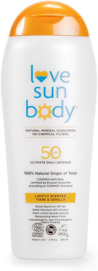 Love Sun Body 100% Natural Mineral Sunscreen SPF 50 Lightly Scented 200 ml Reef-Safe with non-nano Zinc Oxide and Titanium Dioxide, for Face and Body, Chemical-free, Moisturizing, Water-resistant