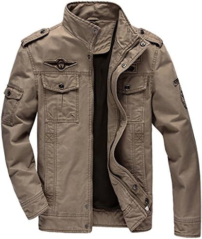 Men's Cotton Stand Collar Military Windbreaker Jacket Outdoor Casual Coat (Khaki,XL)