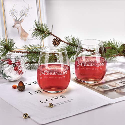 Merry Christmas and Happy New Year Stemless Wine Glass Set, 15 Oz Funny Stemless Wine Glasses for Women Friends Men, Gift Idea for Christmas Wedding Party, Set of 2