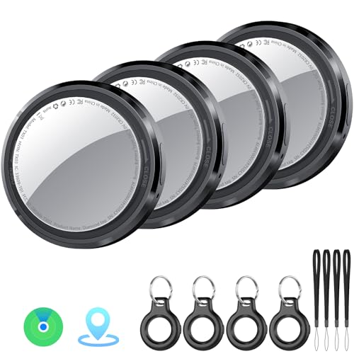 QCOQ Air Tracker Tags-4 Pack | Bluetooth Trackers Work with Apple Find My (iOS Only) with Mini Protective Case/Keychain/Lanyard, Item Finders for Luggage/Key/Suitcases, Replaceable Battery, Black