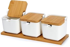 Lucky Goddness Set of 3 Porcelain Sugar Bowl, 8.8 fl oz Condiment Pots with Spoons Bamboo Flip Lids Labels, Spice Salt Tray Serving for Home Kitchen