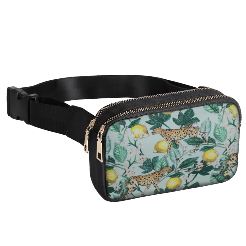 Geestock Bumbag for Ladies, Fanny Pack with Adjustable Straps & 2 Zipper Pockets for Women Men, Crossbody Fashion Waist Belt Bag for Hiking Running Festivals Walking Travel Cycling (Lemon Leopard)