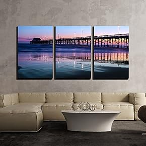 3 Piece Canvas Wall Art - Bridge Pier and Reflection Above The Sea at Dawn - Modern Home Art Stretched and Framed Ready to Hang - 16"x24"x3 Panels