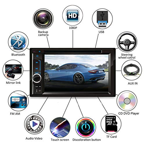 2 Din Car Stereo Bluetooth 6.2" Touch Screen with Backup Camera Rear View, Mirror Link/USB/SD/AM/FM Audio Video Player + Steering Wheel Control