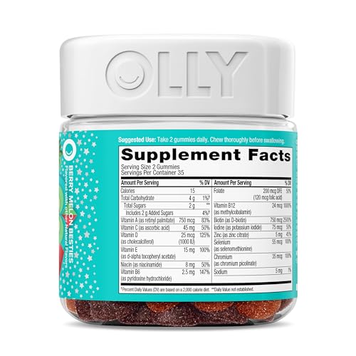 OLLY Teen Girl Multi Gummy, Healthy Skin and Immune Support, 15 Essential Vitamins, Biotin, Zinc, Calcium, Chewable Multivitamin, Berry Melon, 35 Day Supply - 70 Count