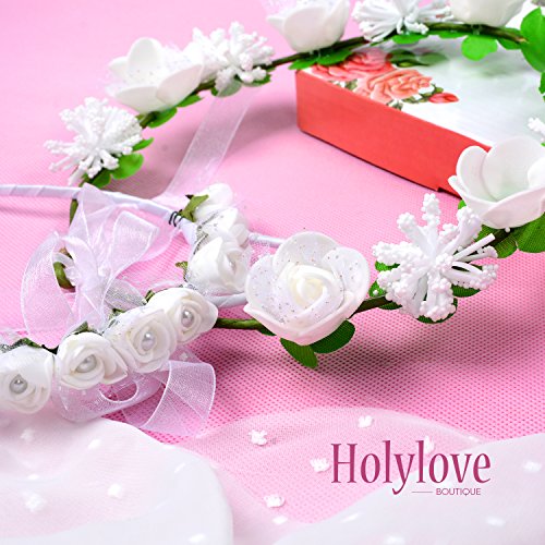 Flower Car Ear Headband Hair Wreath for Women Photography Weddings Festival Party Garland Crown Headpiece White 2pcs - HLH1 - Thumbnail 2