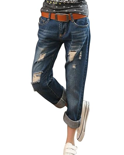 Damen Cropped Loose Fit Boyfriend Jeans Hose Jeanshosen Destroy Hosen