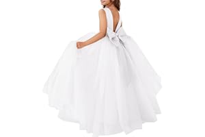 MCieloLuna Flower Girls Satin Tulle Princess Pageant Dress for Wedding Kids Pearls Prom Ball Gowns with Bow-Knot