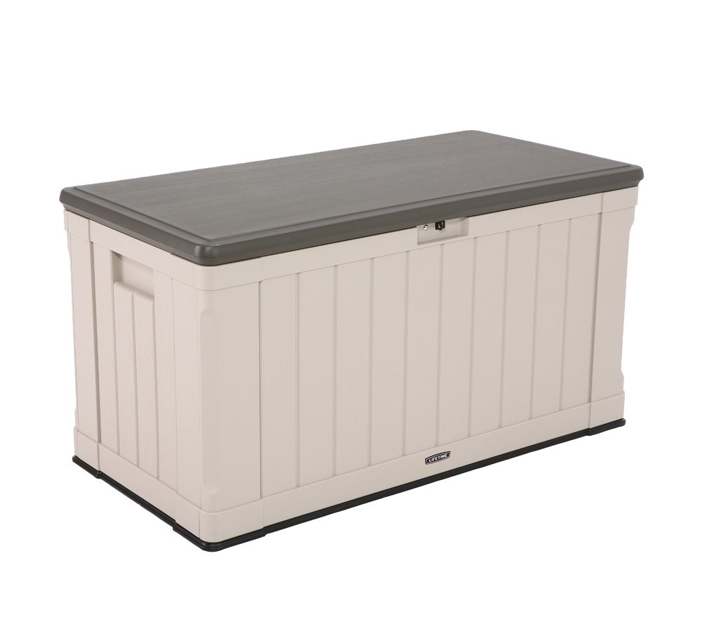 LIFETIME 60186 Heavy-Duty Outdoor Storage Deck Box 439.11 L Outdoor Storage Box, Desert Sand Wood Look, 127.9 x 64 x 67.2 cm