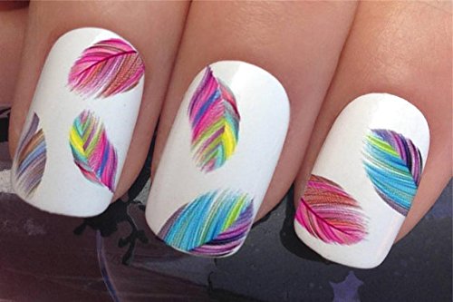 Beaute Galleria - 5 Sheets Nail Art Decals Water Transfer Stickers Manicure Colorful Rainbow Feathers