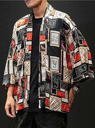 Hotmiss Men's Harajuku Fish Printed Cotton Blends Linen Kimono Cardigan Jackets 3XL (Red, Medium)