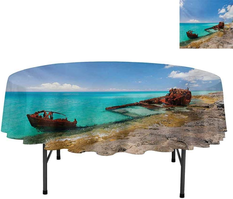 Printed Fabric Tablecloths, Ship Wreckage on a Peaceful Rock Shore Natural Wonder un, Polyester Washable Table Cloth for Circular Table, Round 70", Multicolor
