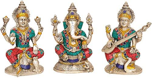 Dattatreya® Brass Lakshmi Ganesha Saraswati Set of Three Height 6.5 Inches