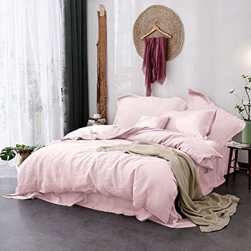 Lausonhouse Linen Duvet Cover Set, 100% French Linen Duvet Cover with Pillowshams, Luxurious Bedding Set - Full/Queen - Light Pink