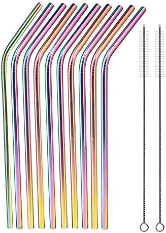 Rainbow Stainless Steel Drinking Straws Pack of 10, 8.5 inch 6mm Metal Bent Straw for Tumbler Yeti Or Ozark Trail Ramblers Cups, with 2 Cleaning Brushes