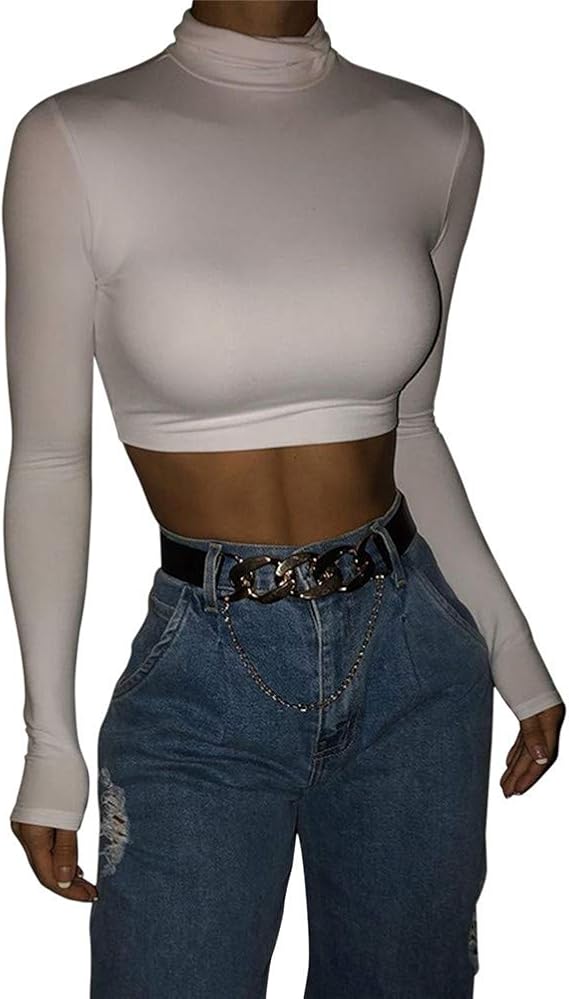 Amazon.com: Women Basic Long Sleeve Crop Top, Turtleneck Sexy Casual Top T-Shirt (White, M 
