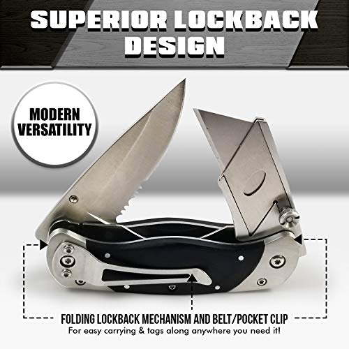 Premium Utility Knife, Folding Pocket Knife Combo, Box Cutter, Heavy Duty Dual Blades W/Belt Clip Gift Set for Dad Carpenter or Construction Worker - Thumbnail 7