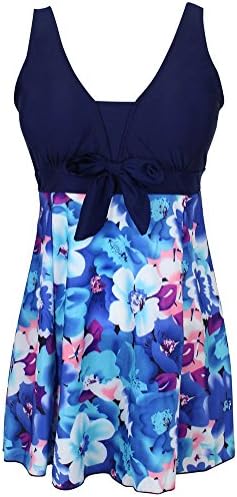 Womens Vintage Sailor Straps Halter Pin Up One Piece Bathing Suit (5XL (US 30W-32W), Blue Flower)