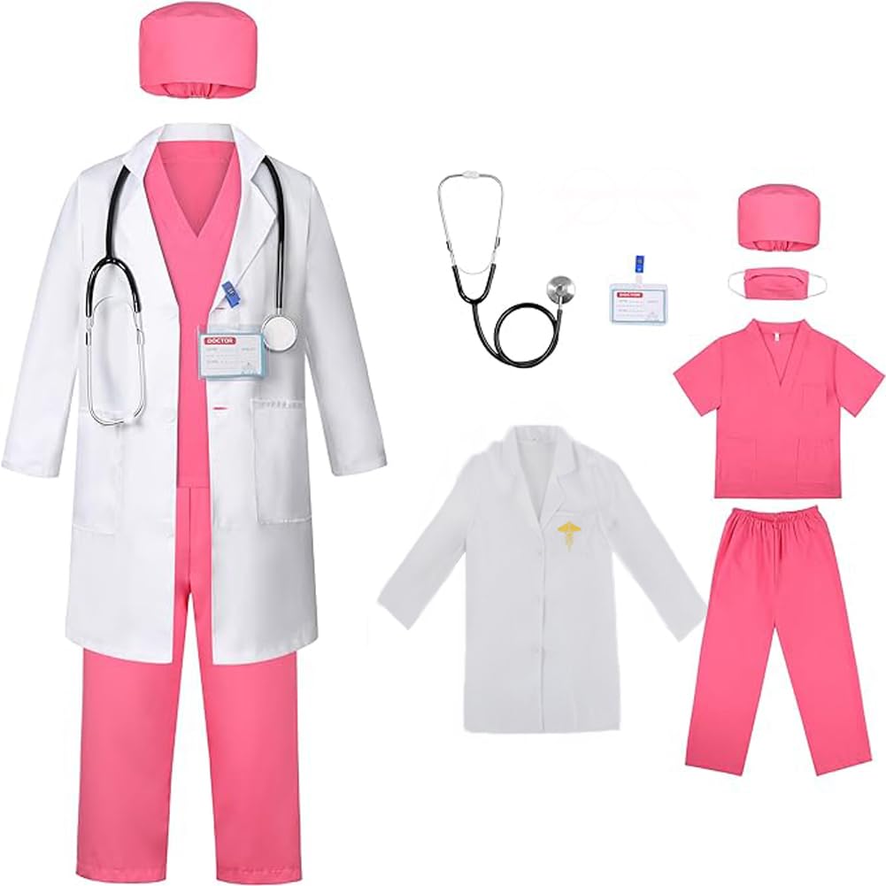 Doctor Costume Kit Pretend Play Dress-Up Set With Scrubs Pants Lab Coat Stethoscope ID Card For Kids Girls 3-10 Years — image 1