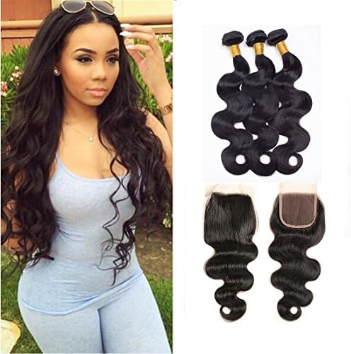 ZILING Brazilian virgin Hair 3 Bundles Human Hair Weave Extensions Brazilian Body Wave Natural Color Hair with 4X4 Free Part Closure (12 14 16+10 Free Part)