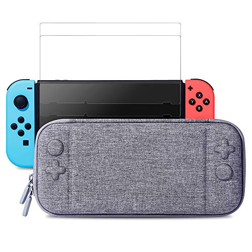 Nintendo Switch Slim Case and Tempered Glass Screen Protector, Protective Travel Carrying Case with 10 Game Cartridges, Hard Shell Pouch for Nintendo Switch Console and Accessories by MayBest (Gray)