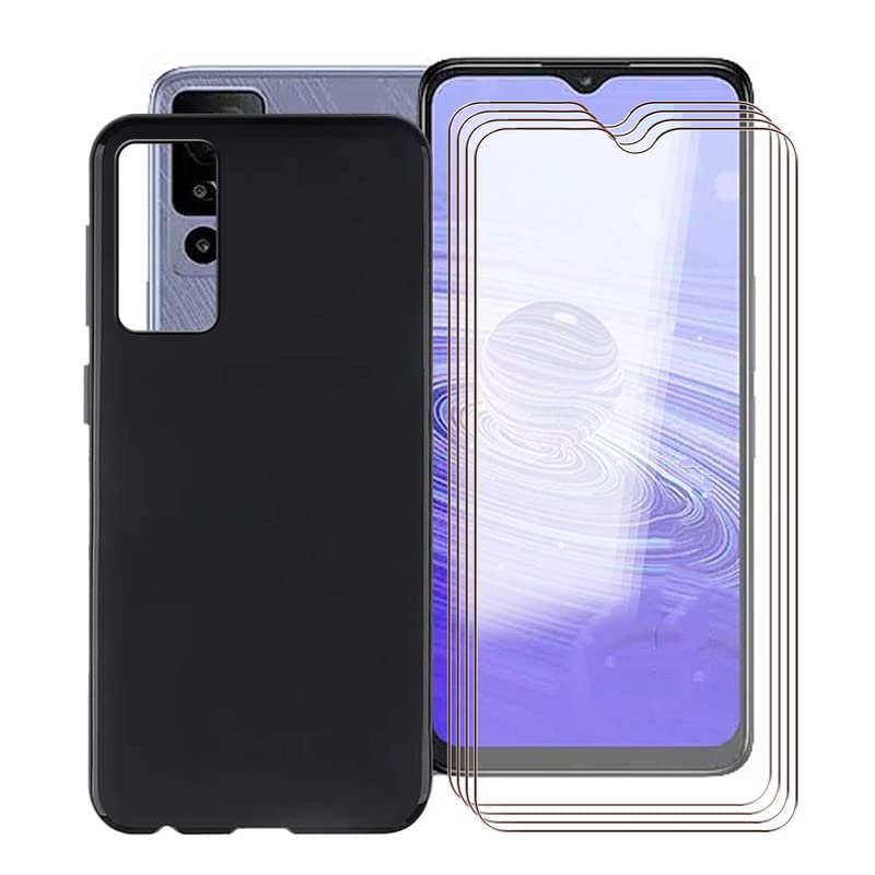 TREBAM Case for TCL 40R 5G (6.6 Inches) with 4 x Tempered Glass Screen Protectors, Ultra Thin Anti-Scratch Soft Silicone Shockproof TPU Black Case Cover for TCL 40R 5G – Black