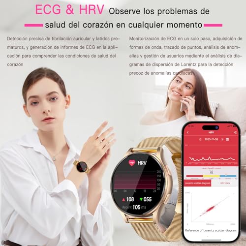 Lgnitek 2026 ECG+HRV Reloj Inteligente Mujer con BMI/Acido Urico/Microchequeo, 1.43'' AMOLED Smartwatch con Función Femenina, 24H Pulsometro, SpO2, Monitor de Sueño, para iOS Android