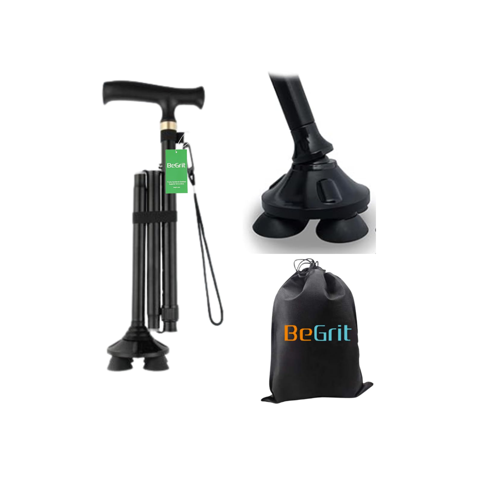 BeGrit Adjustable Walking Stick Black Aluminum Folding Canes with Ergonomic Grip Carry Bag Free Standing Metal Collapsible Durable Walking Aid for Women Men Ladies Disabled