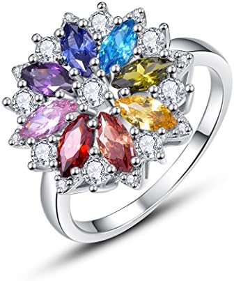 925 Sterling Silver Women Multicolor Art Deco Ring 4mm Cluster Flower Anniversary Wedding Engagement Band Size 6 to 9