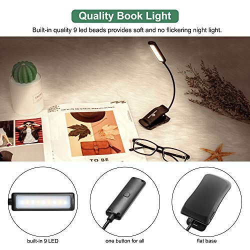 GLORIOUS-LITE 9 LED Book Light/Easy Clip Light Bed, USB Rechargeable Reading Light with Warm/White/Natural Color × 3 Brightness, Eye-Caring & Portable Music Stand Light, Perfect for Kids, Bookworms