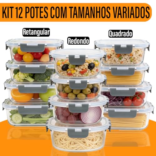 Kit 12 Potes Herméticos Yab Vidro Borossilicato com Tampa Hermética Quadrado Redondo e Retangular Tamanhos Pequeno Médio e Grande Alta Durabilidade e Resistência Térmica para Alimentos